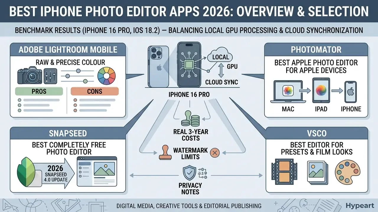 Infographic comparing top iPhone photo editing apps by performance benchmarks, features, and cost factors