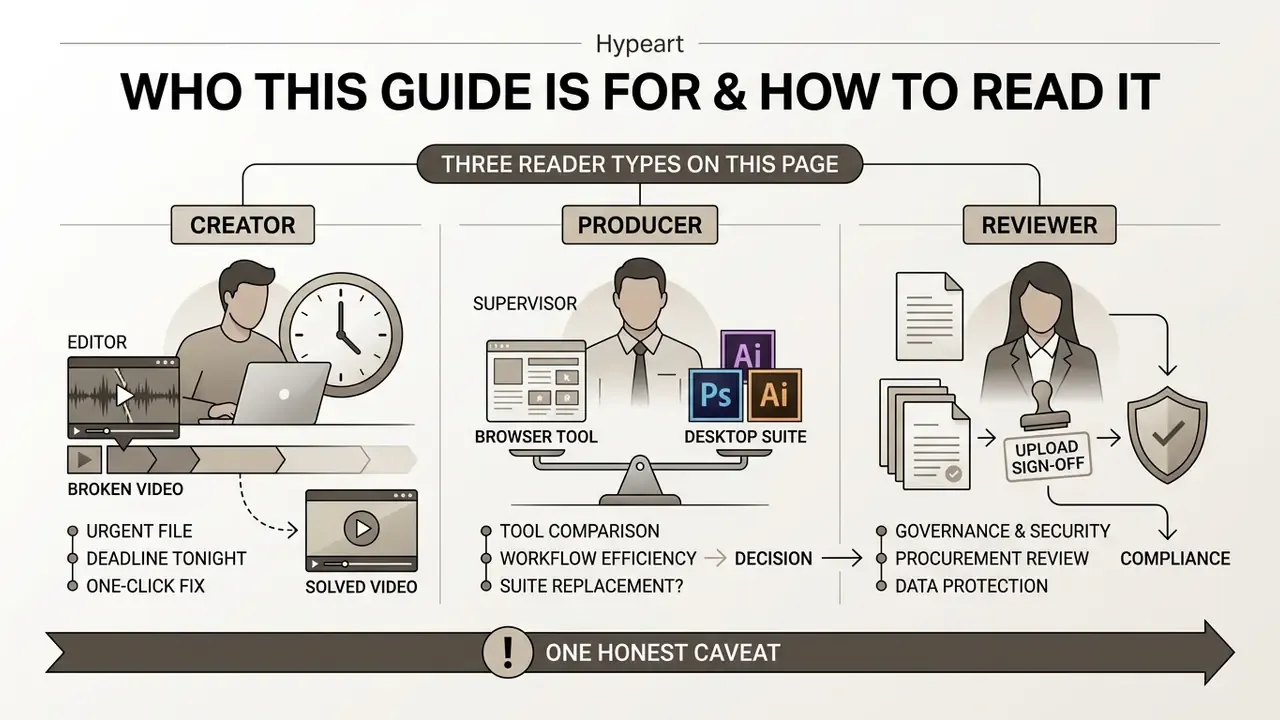 Flowchart showing three reader profiles including a creator, a producer, and a reviewer with their specific needs