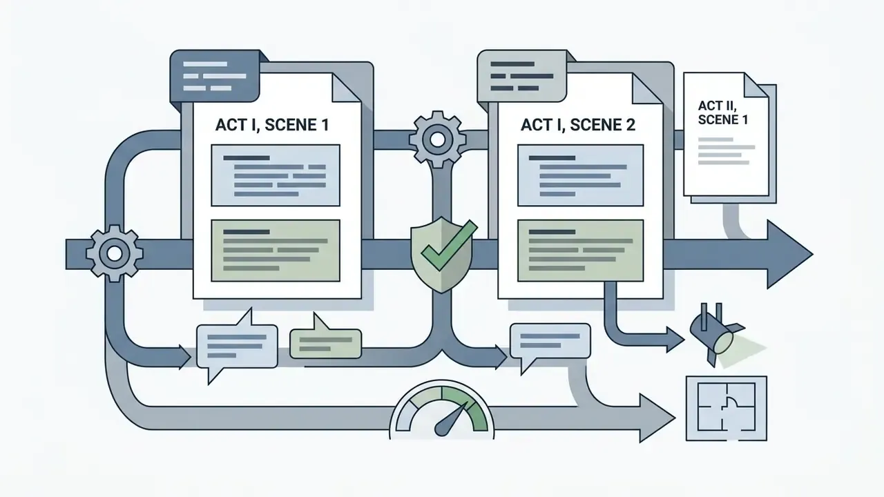Screenplay pages with dialogue and scene markers connected by gears, a safety shield, and a performance gauge