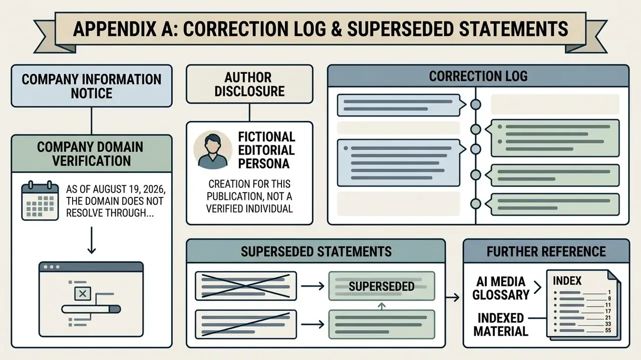 Summary chart detailing company verification, fictional author disclosures, and correction logs