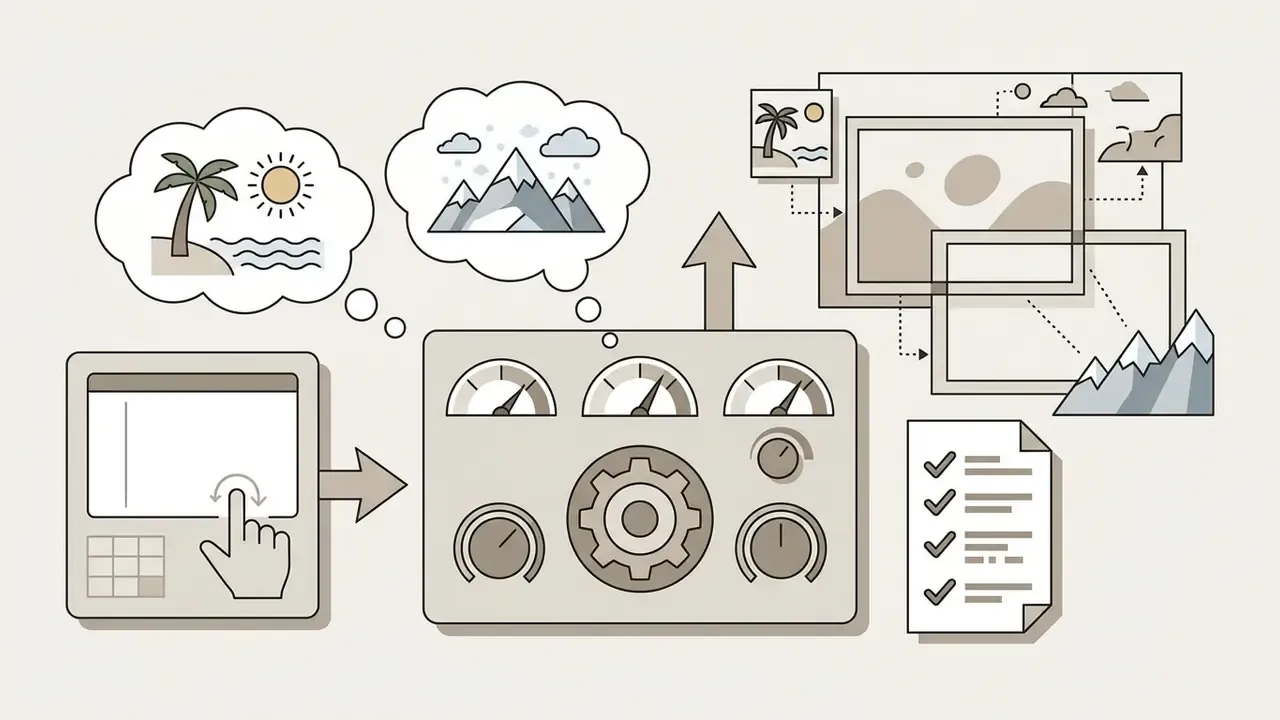 Control panel interface using text prompts to guide AI image expansion with specific scene descriptions