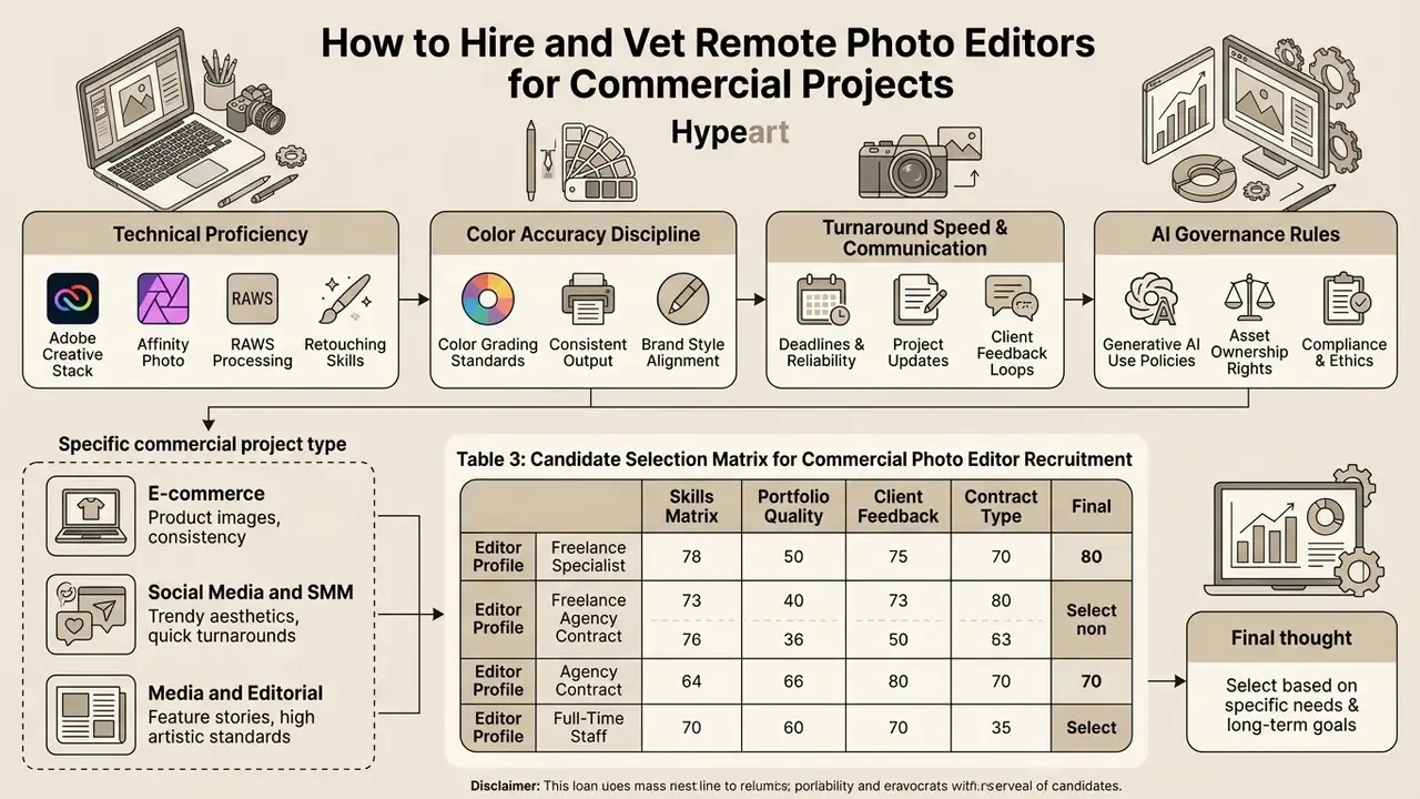 Selection matrix and criteria for evaluating remote photo editor jobs across commercial project types