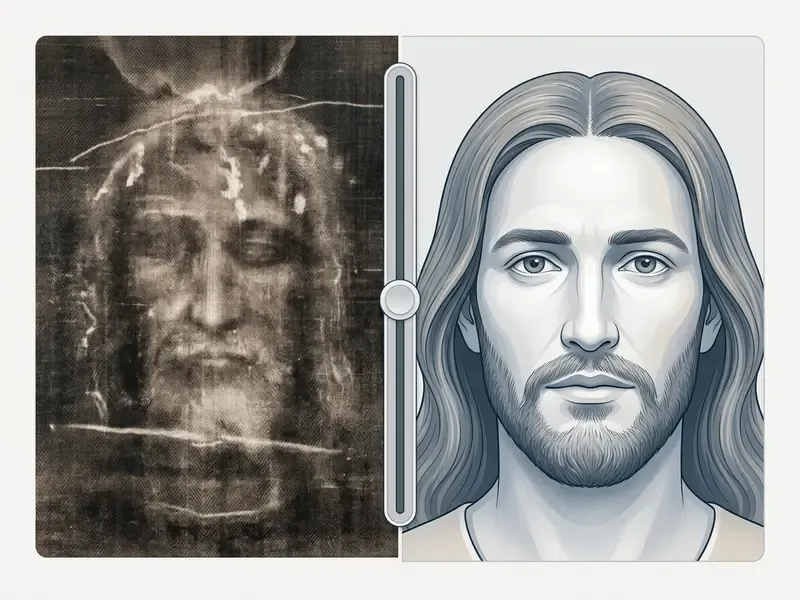 * "shroud of turin ai image comparison between original cloth negative and ai rendered face".
*Caption:* comparison of the original low-contrast Turin Shroud negative and an algorithmic Midjourney-style visualisation