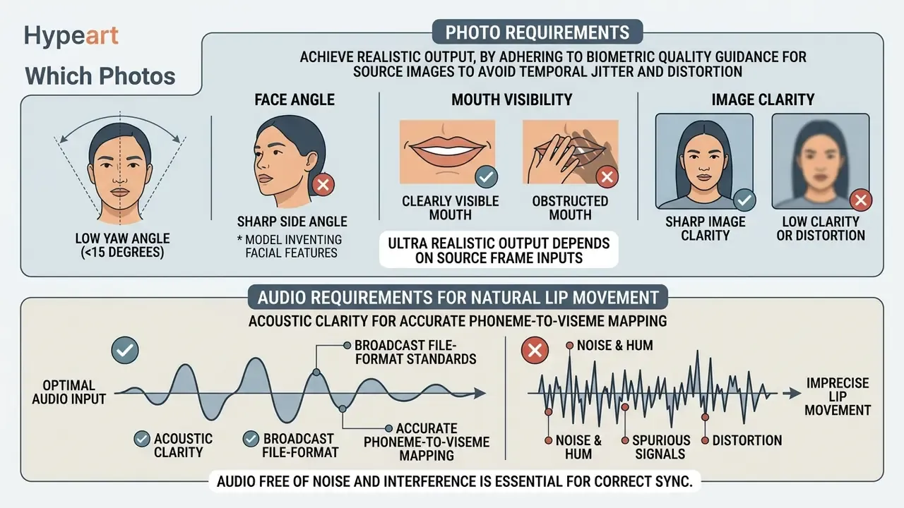 Infographic detailing optimal photo and audio criteria for creating a talking photo online free AI