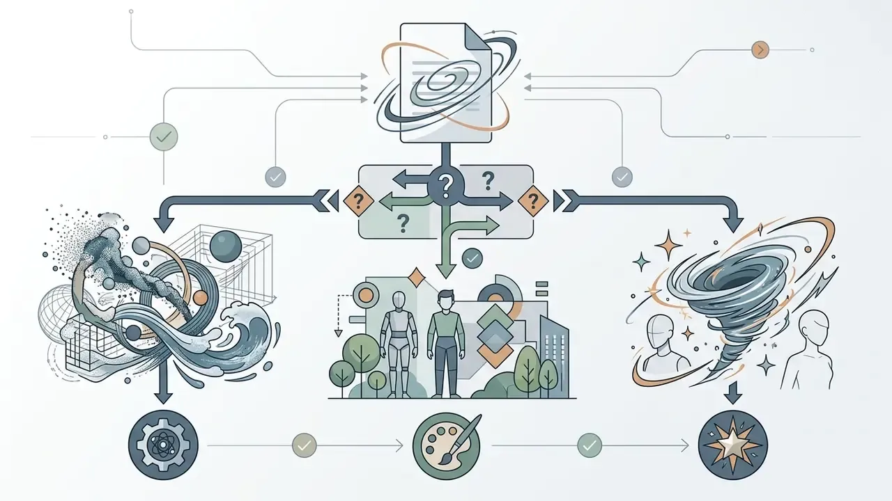 Decision tree branching from a central document to visual styles including physics, realism, and animation
