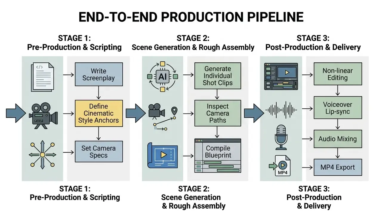 Three-stage production pipeline showing script development, scene generation, and final post-production