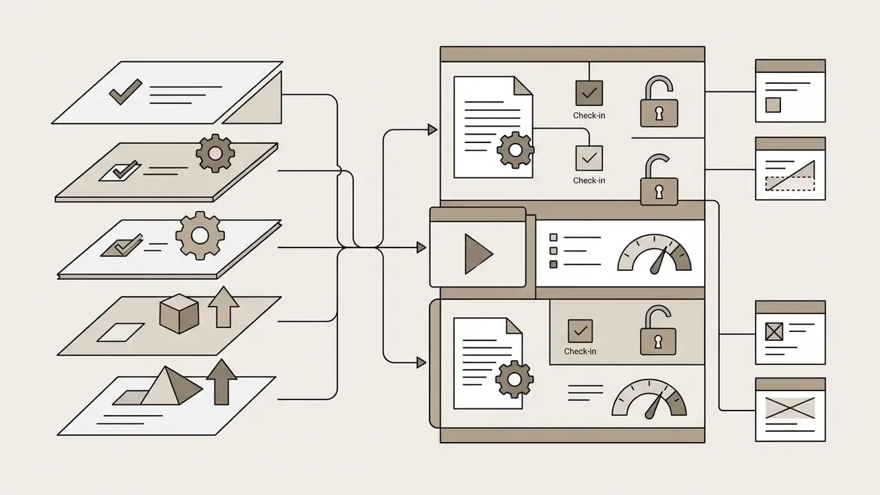 Visual representation of third-party credit model workflows with check-in points and usage gauges