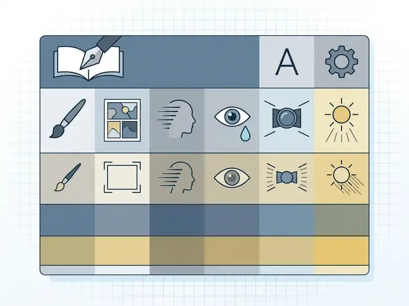 Grid layout displaying icons for artistic style, framing, character emotion, and lighting settings