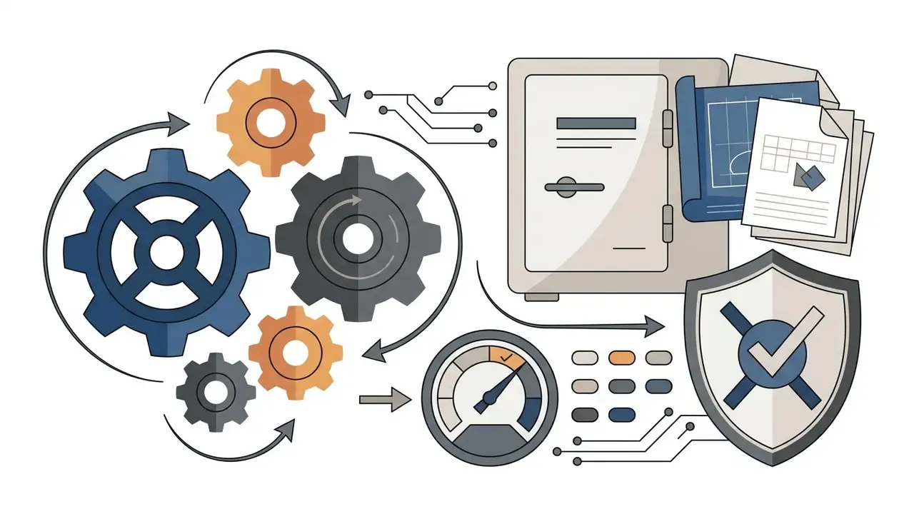 Interlocking gears feeding into a vault and documents protected by a shield with a checkmark