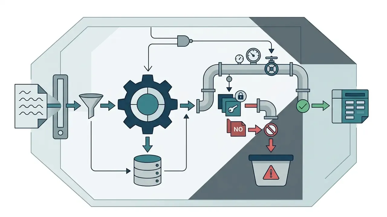 Data passing through a gear and pipe system that filters sensitive information into a restricted bin