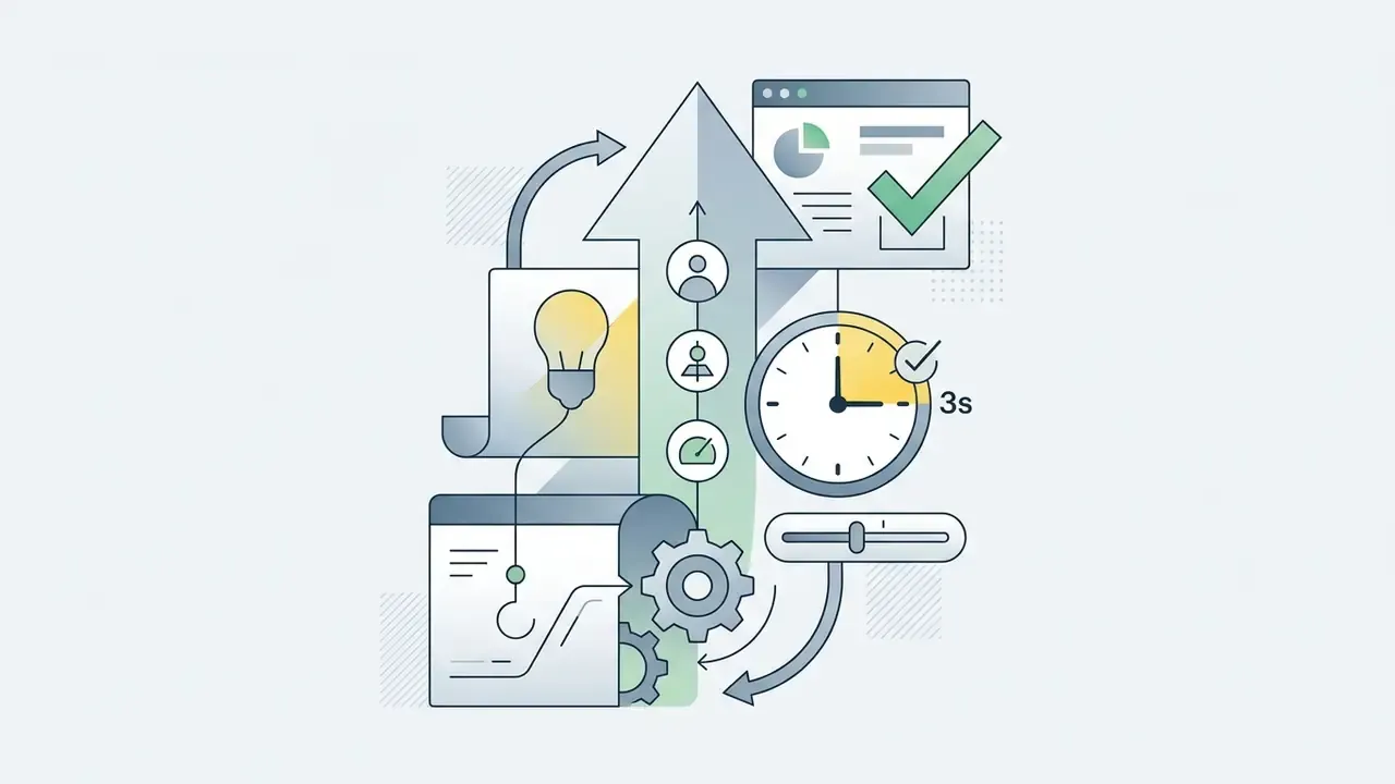 Upward arrow connecting a lightbulb idea, a three-second timer, and a checklist for video engagement
