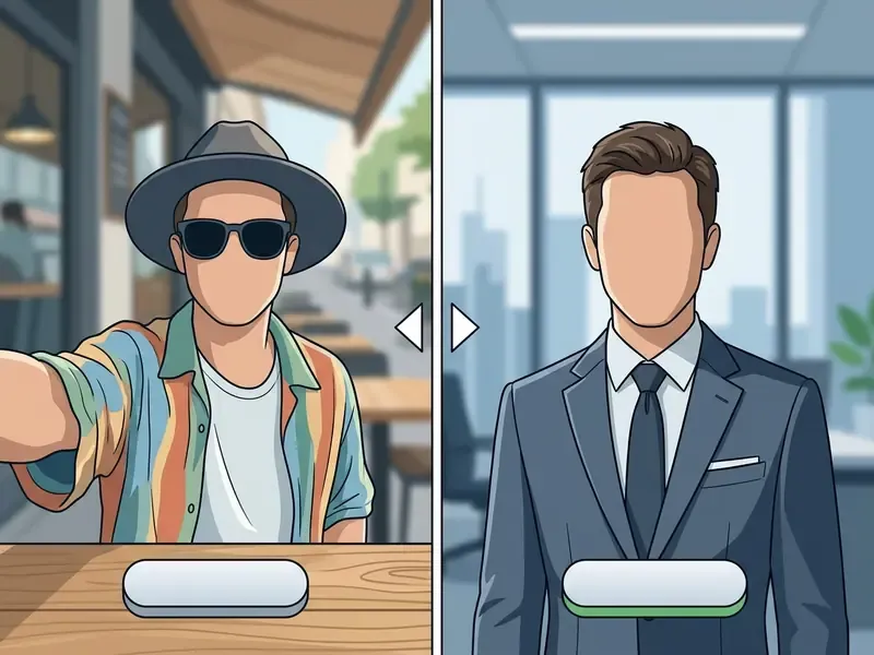 Split screen showing a casual selfie in a hat and sunglasses transforming into a professional business suit
