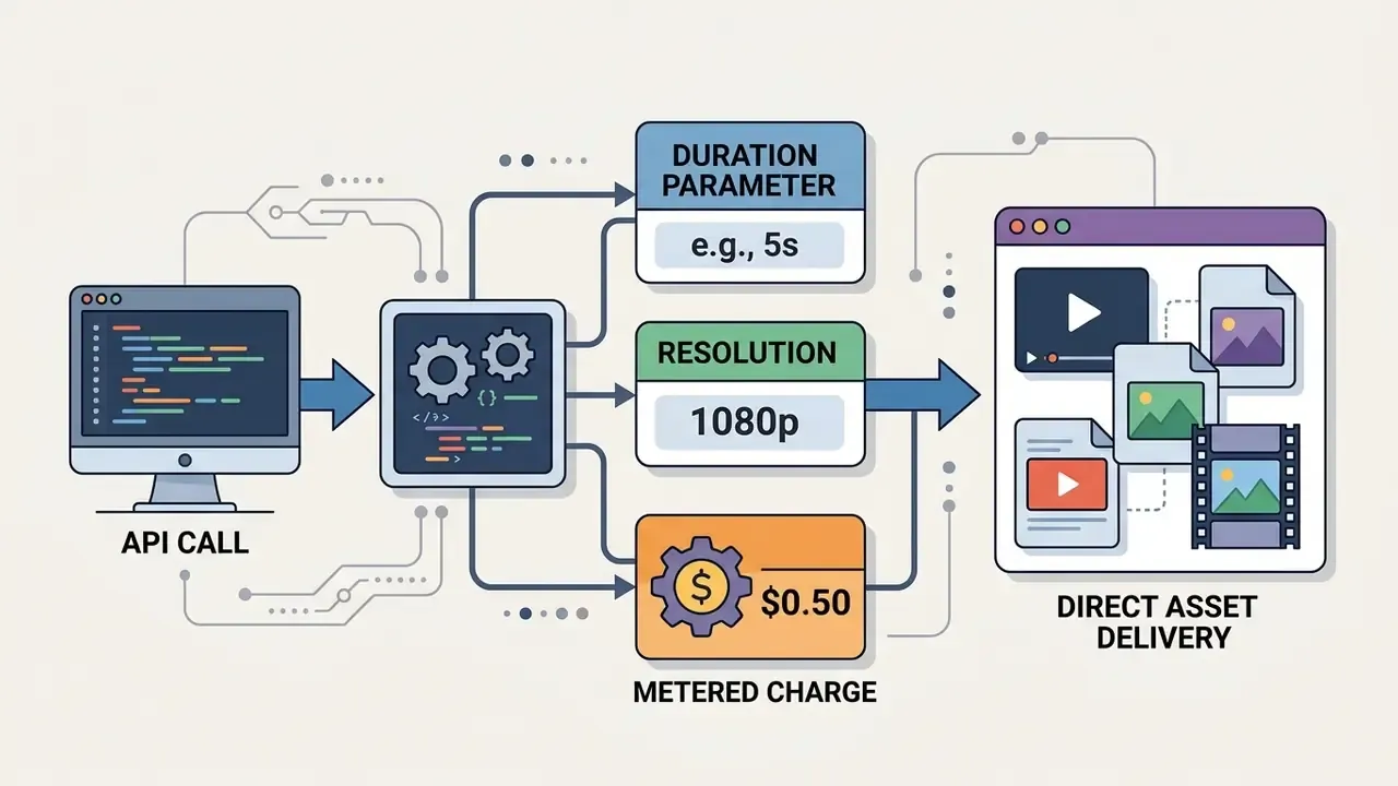 Flowchart showing an API call processing duration and resolution parameters to trigger a metered charge