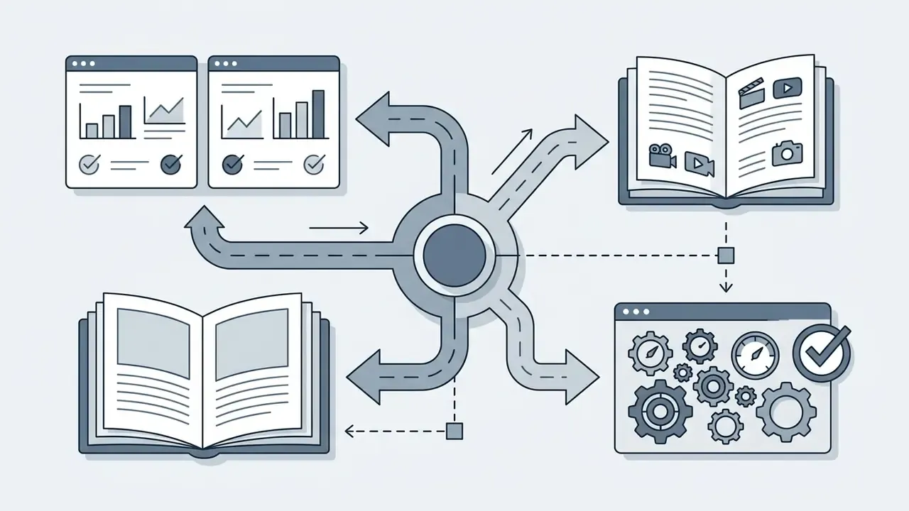 Central hub connecting browser windows and open books to a gear-driven processing panel