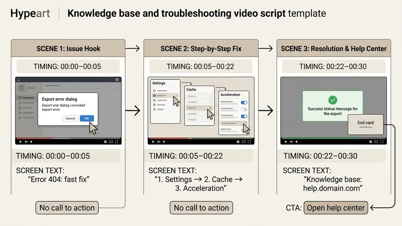 Sequential panels outlining scene timing, visual screen captures, and text for a technical support video