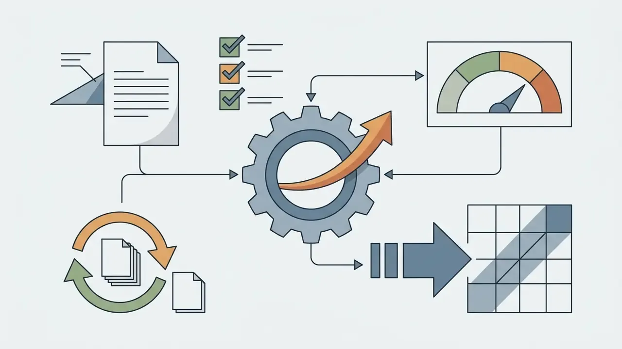Central gear connecting document files, a speed gauge, a checklist, and a grid output arrow