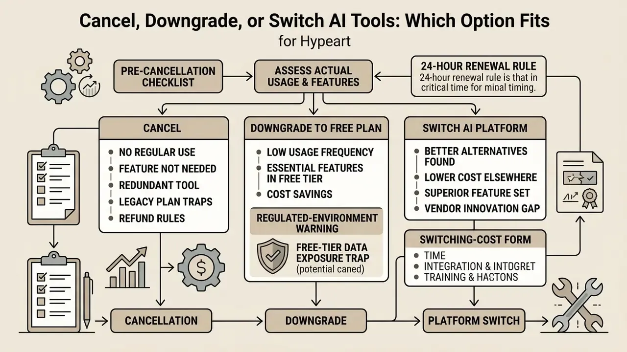 Decision diagram outlining criteria for canceling, downgrading, or switching AI software subscriptions