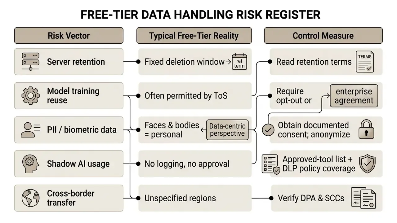 Table mapping data risk vectors to free-tier realities and corresponding security control measures