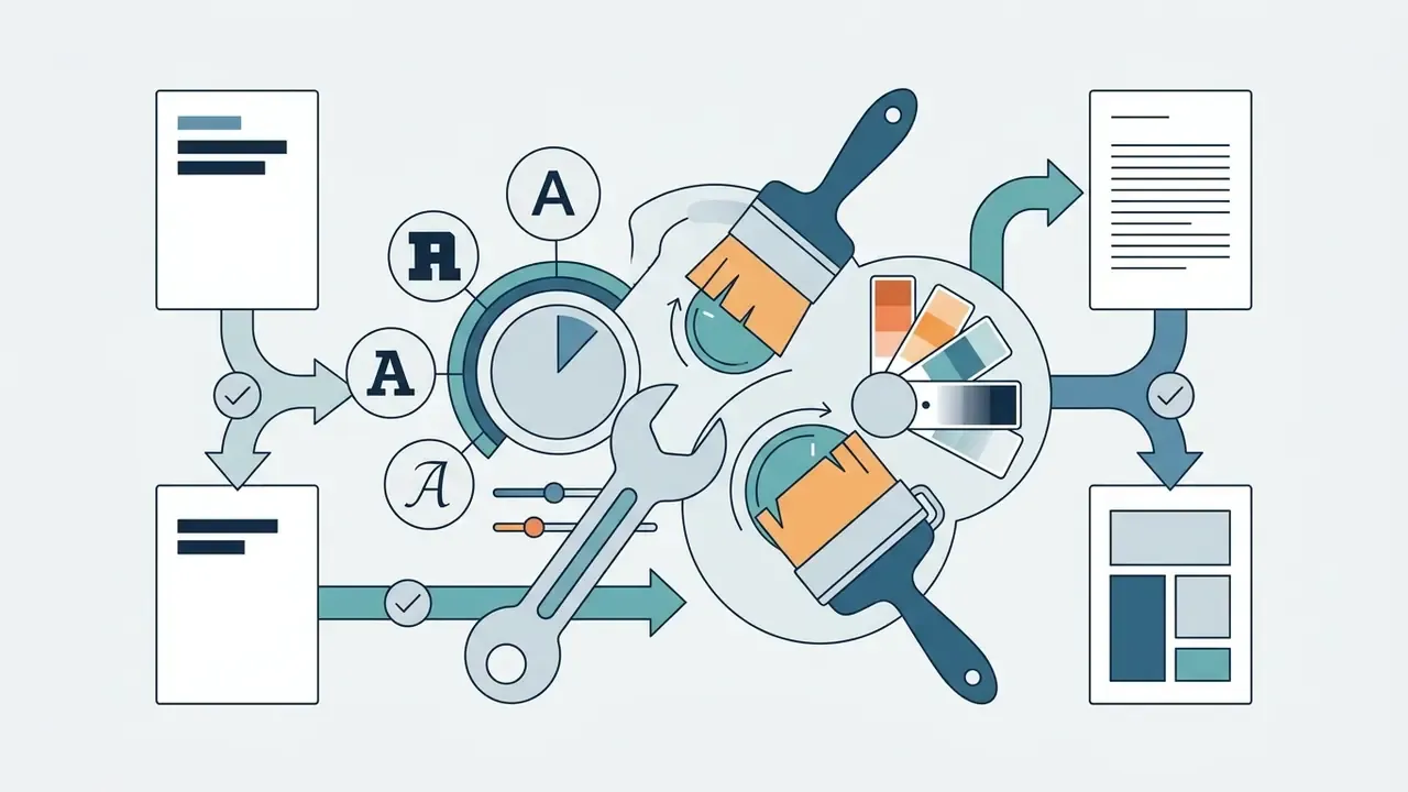 Paintbrushes and a wrench adjusting typography and color palettes to style website document layouts