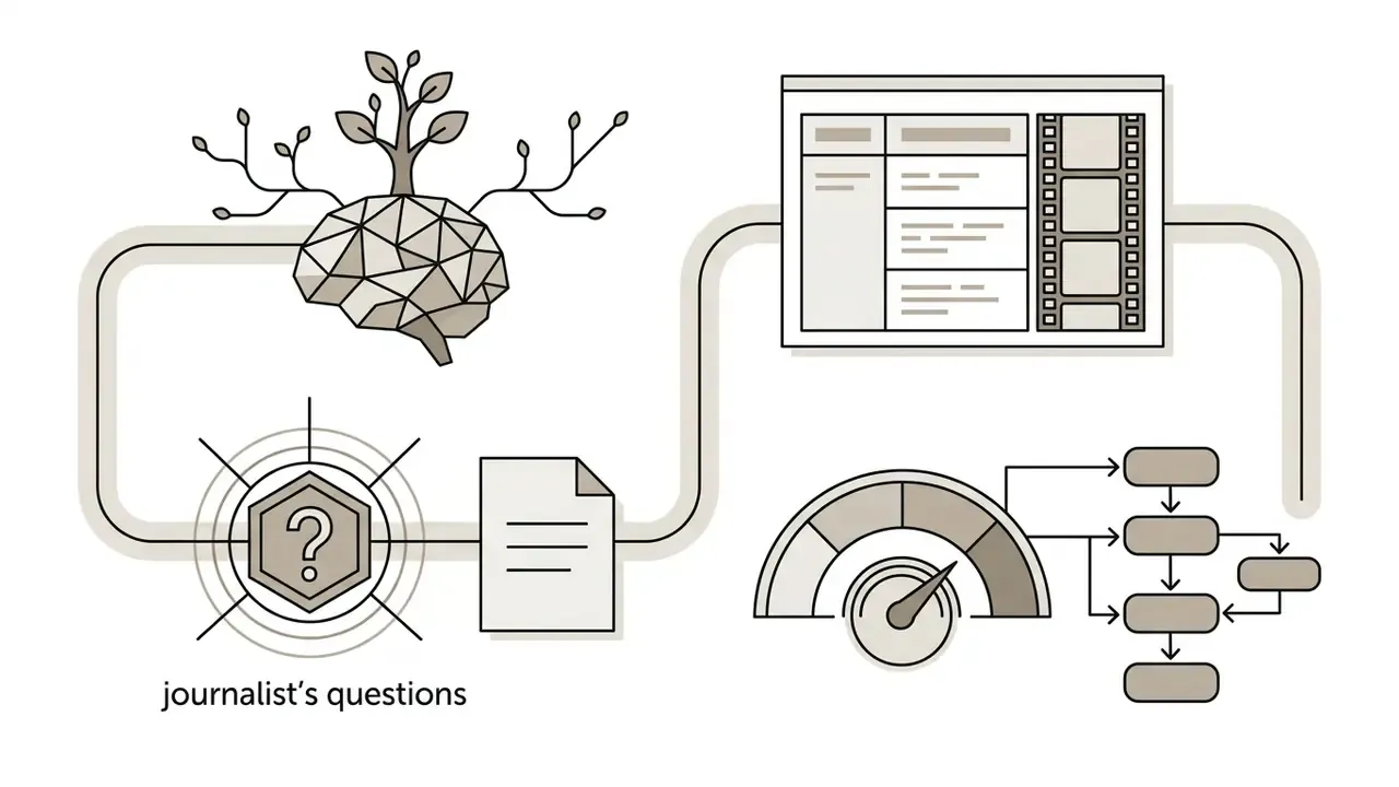 Brain with a growing plant, question mark icon, document, speedometer, and flowchart in a linear sequence