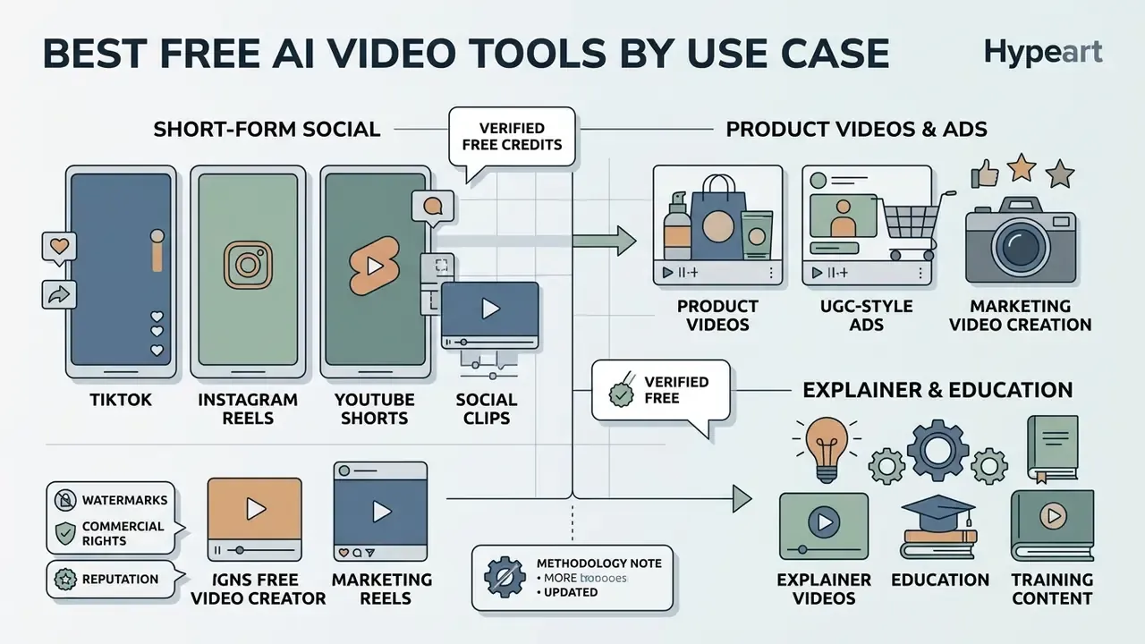 Infographic mapping best free AI video tools to social media, marketing, and educational use cases