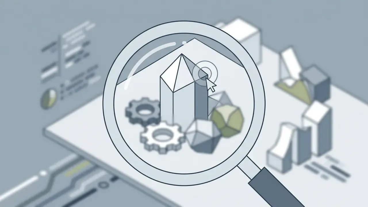 Magnifying glass focusing on a sharp geometric prism while surrounding shapes and gears remain blurred