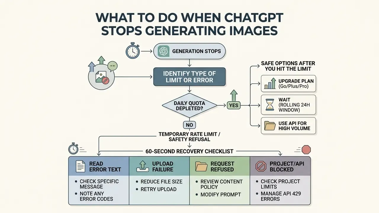 Decision tree outlining troubleshooting steps for image generation errors and quota limits in ChatGPT