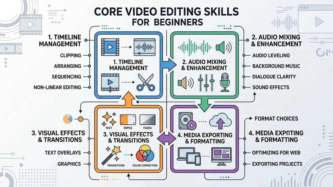 Four-quadrant infographic detailing essential video editing skills like timeline management and audio mixing