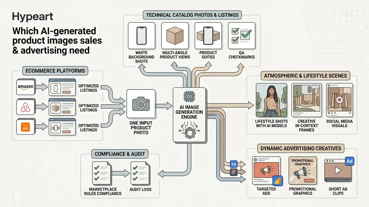 Central engine processing a single input photo into catalog, lifestyle, and advertising marketing assets