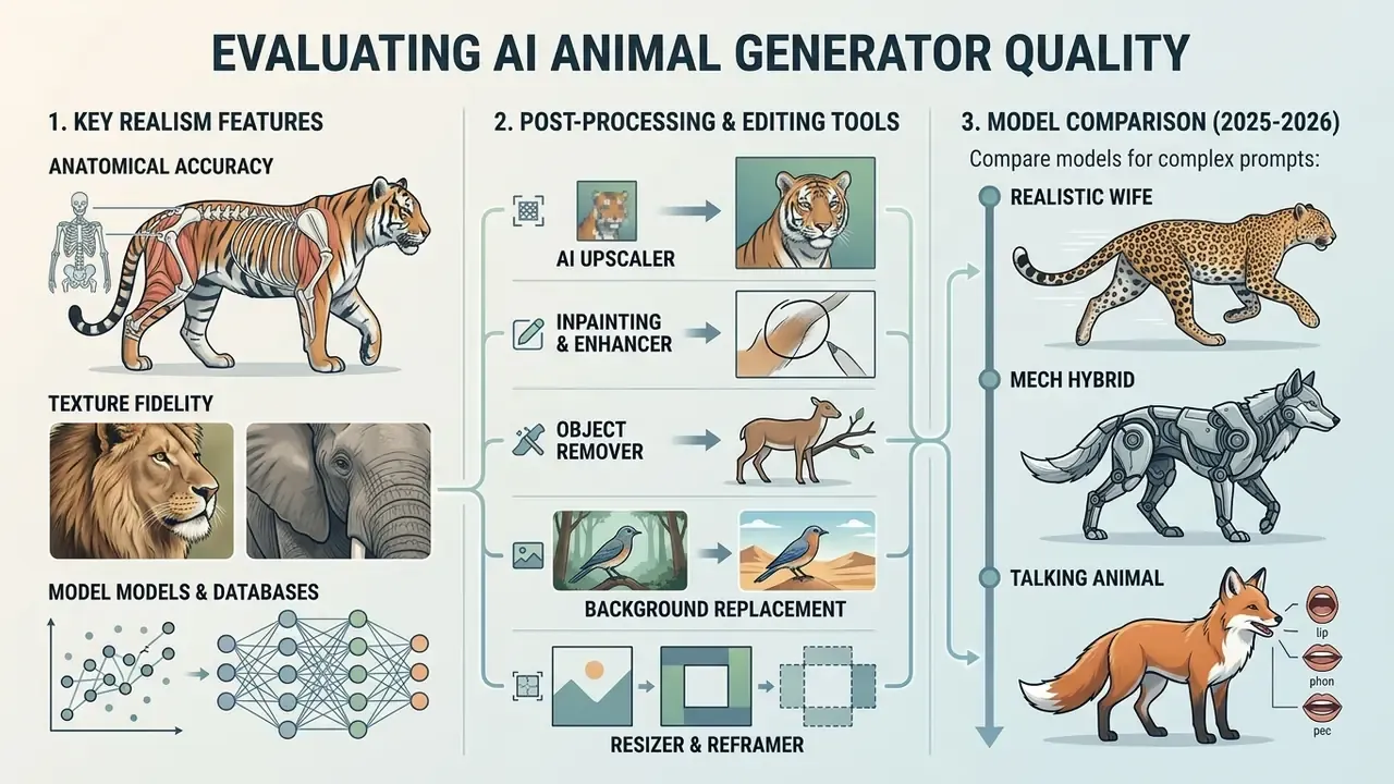 Infographic detailing realism features, post-processing tools, and model comparisons for animal imagery