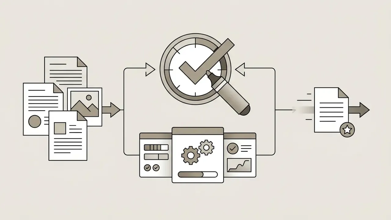 Documents and images flowing through a review process with gears and a checkmark before final approval