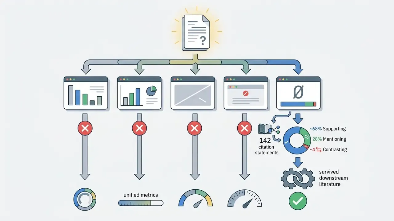 Single research query document branching into five tool windows with citation analysis and gear icons