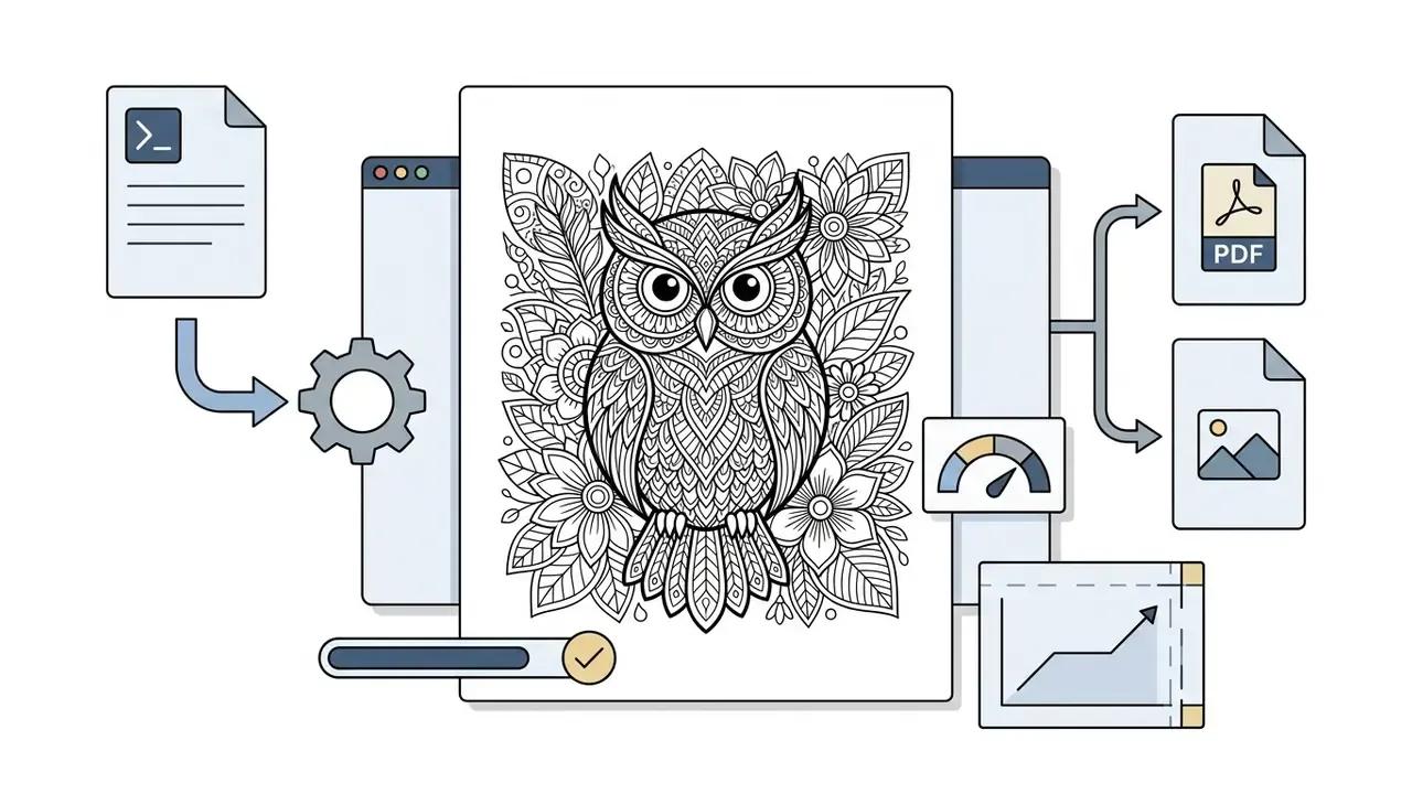 Text prompt processed through a gear icon to create a detailed owl mandala coloring page for export as PDF