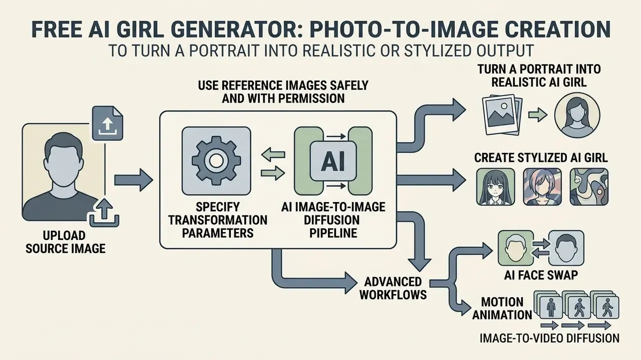 Diagram showing how to transform a source photo into realistic or stylized AI girl images via diffusion
