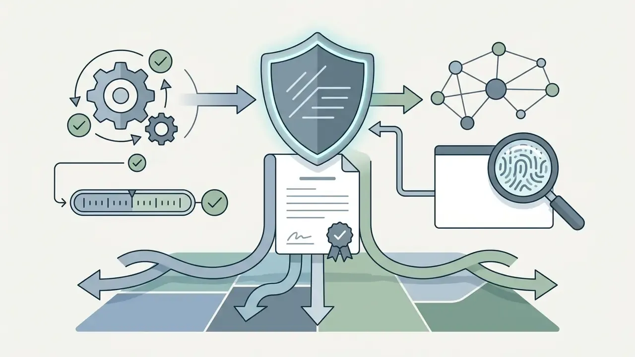 Shield icon over a legal document with a magnifying glass and network nodes connected by workflow arrows