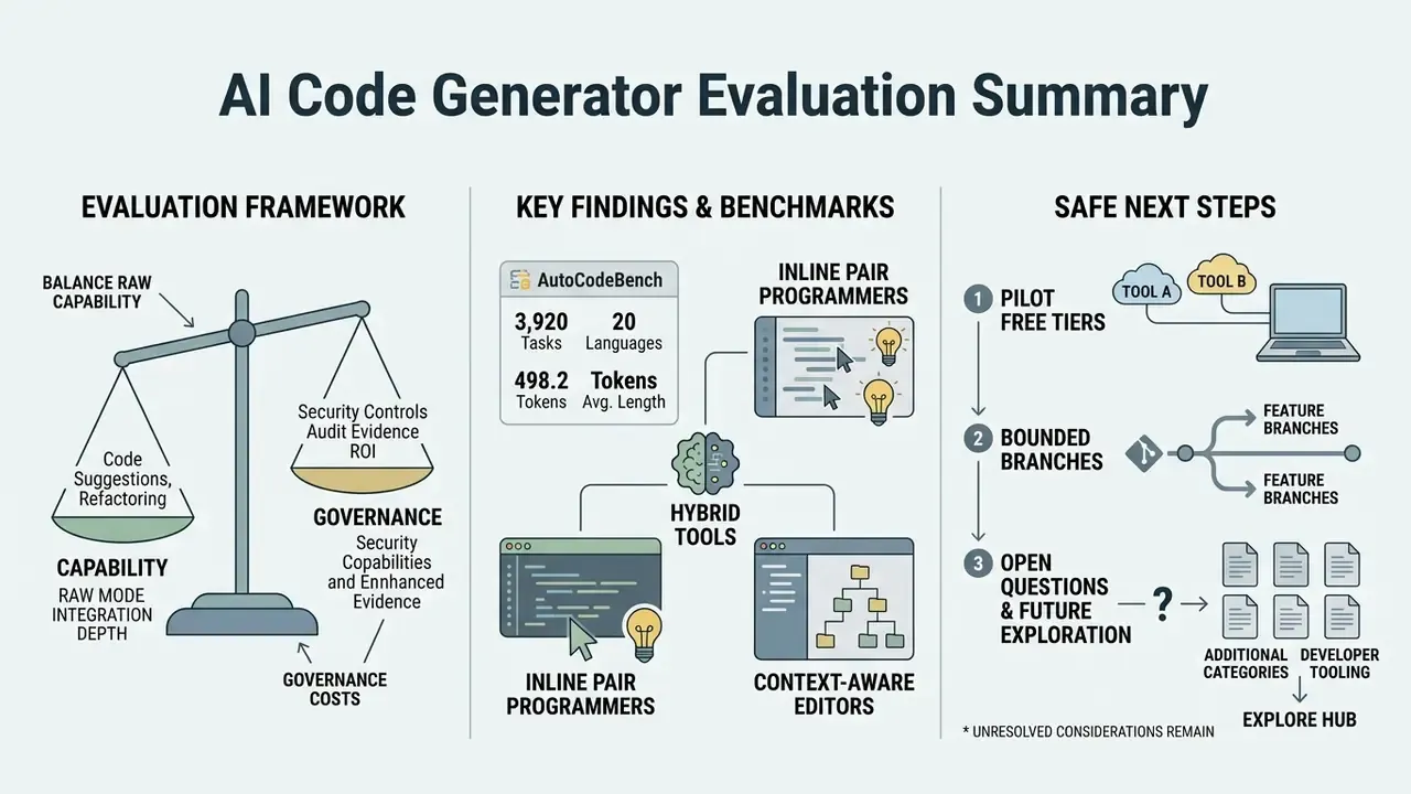 Summary of AI code generator evaluation metrics, benchmarking data, and recommended deployment steps