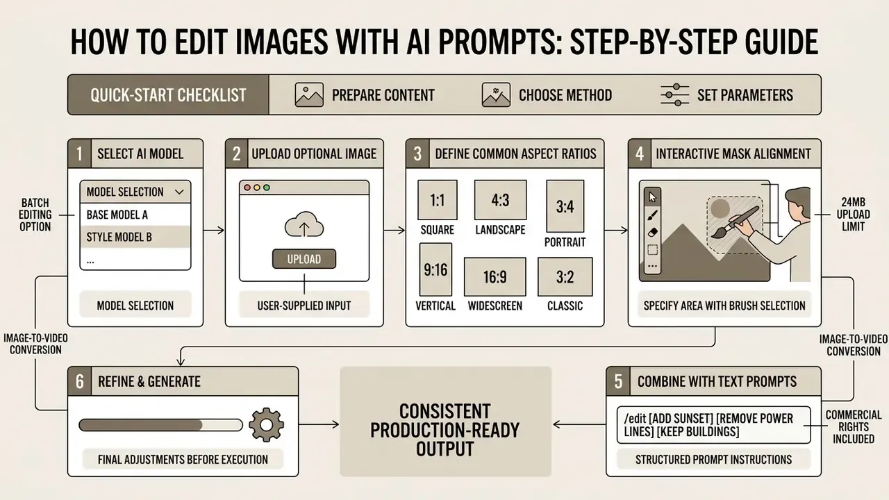 Infographic showing a six-step workflow for configuring model, aspect ratios, and mask-based prompts