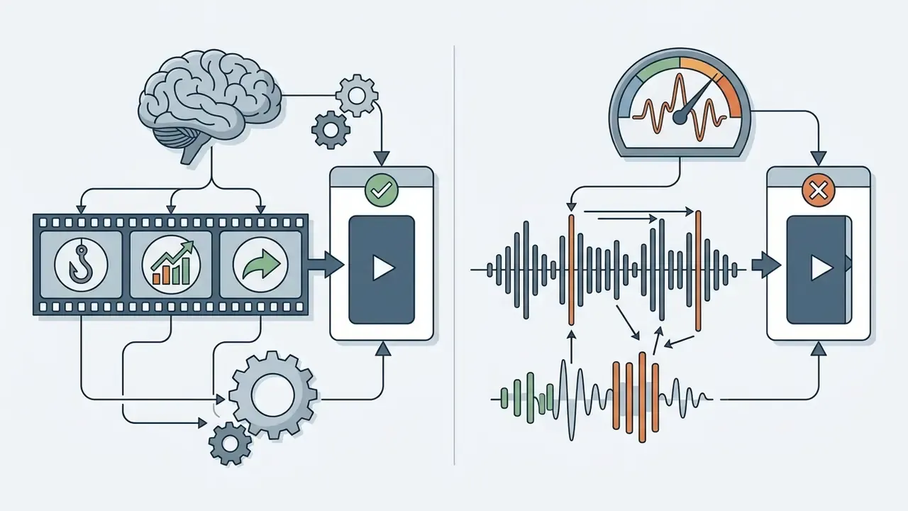 Split view contrasting semantic video analysis using brain icons versus waveform peak detection