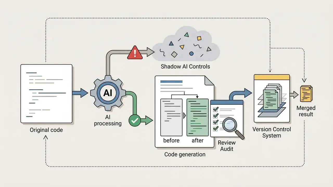 Process showing code generation, audit review, and version control integration for AI code generator tools
