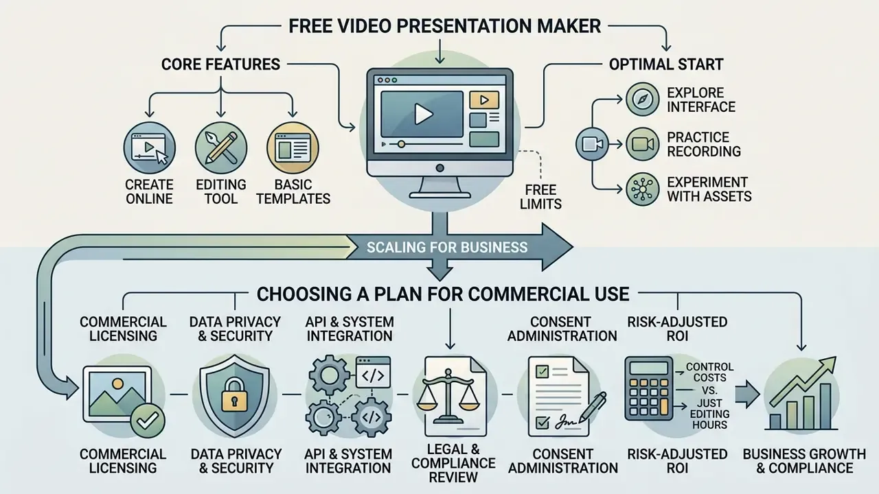 Diagram showing core features, optimal startup steps, and commercial scaling considerations for software