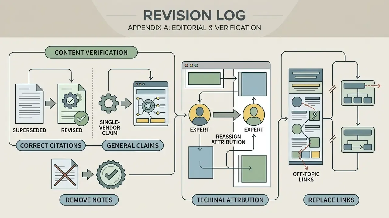 Flowchart detailing editorial revisions including citation updates, claim verification, and link changes