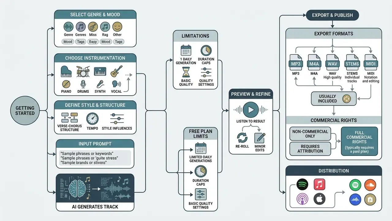 Flowchart outlining the step-by-step process of using an ai music generator free unlimited workflow