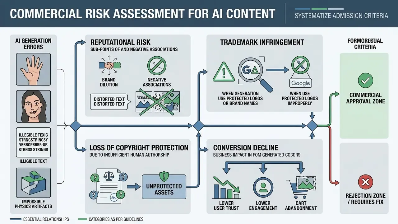 Flowchart evaluating legal and business risks of AI content to determine commercial approval or rejection