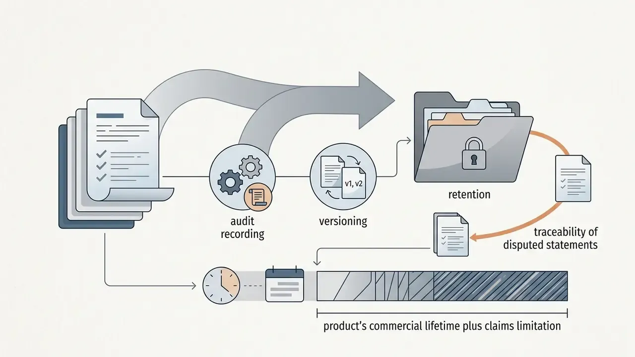 Documents moving through audit and versioning stages into a secure retention folder for long-term tracking
