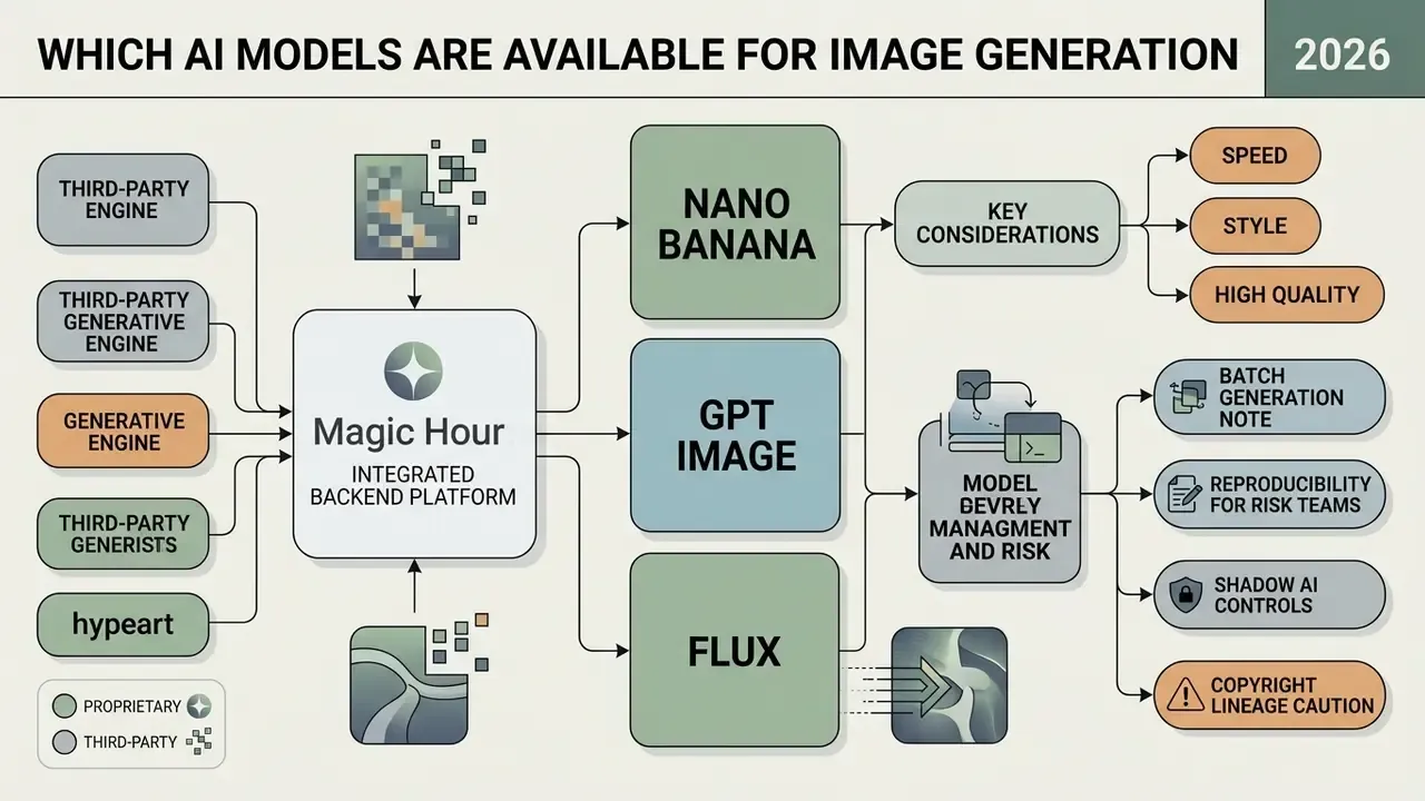 Infographic showing how Magic Hour integrates multiple AI models for image generation and risk management