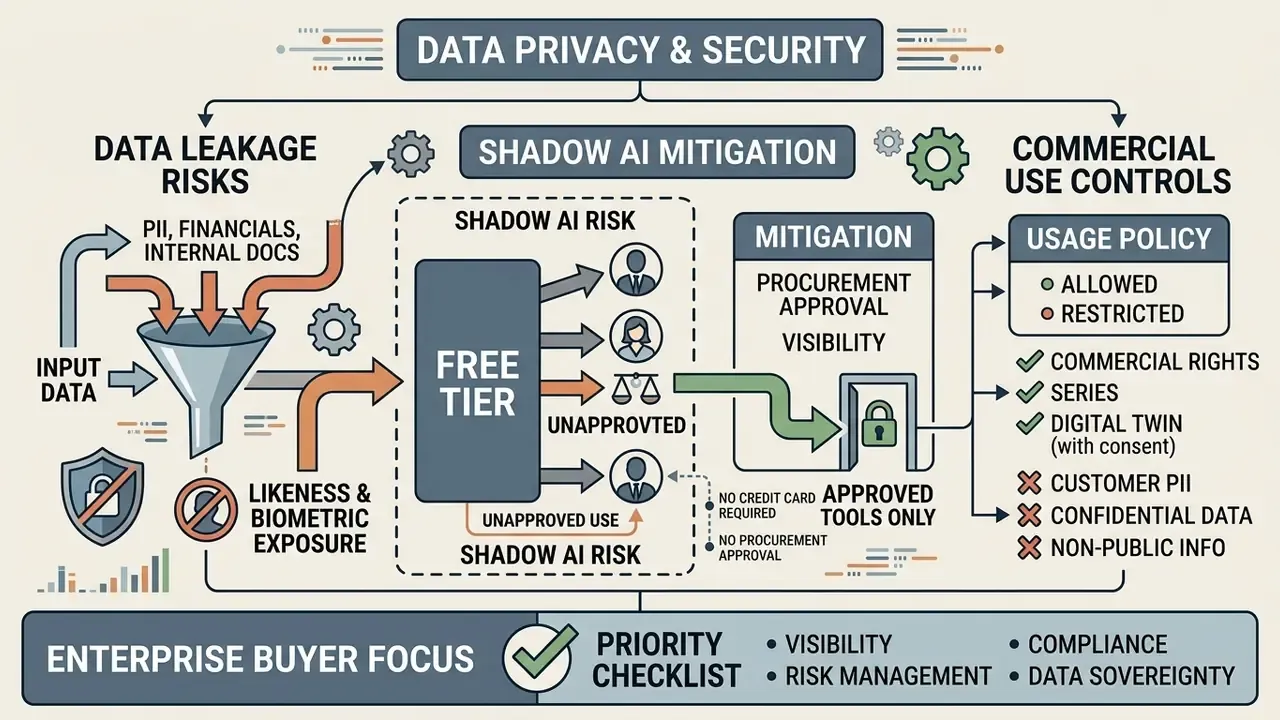 Infographic mapping data leakage risks against commercial usage policies and shadow AI mitigation strategies