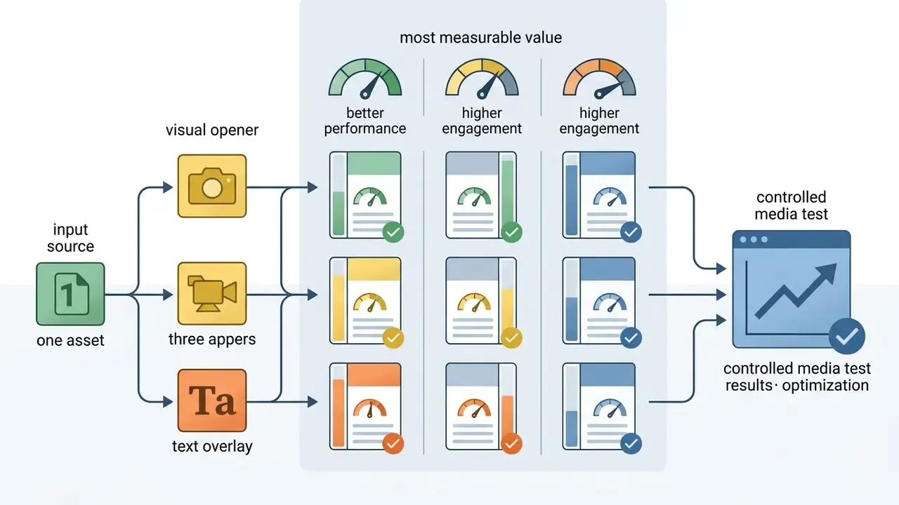 Diagram showing one asset branching into nine variants for a controlled media test and optimization