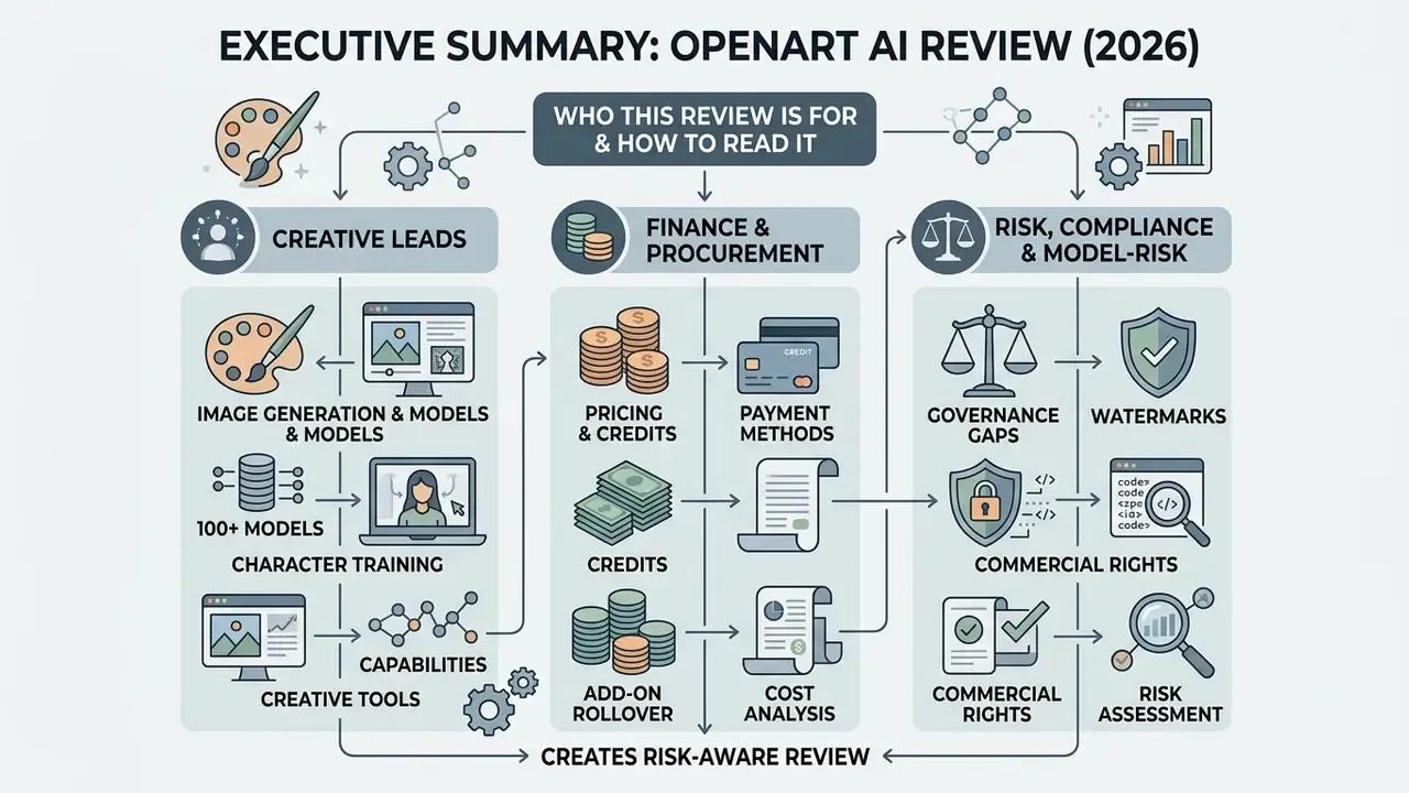 Flowchart outlining OpenArt AI review categories for creative, finance, and risk management teams