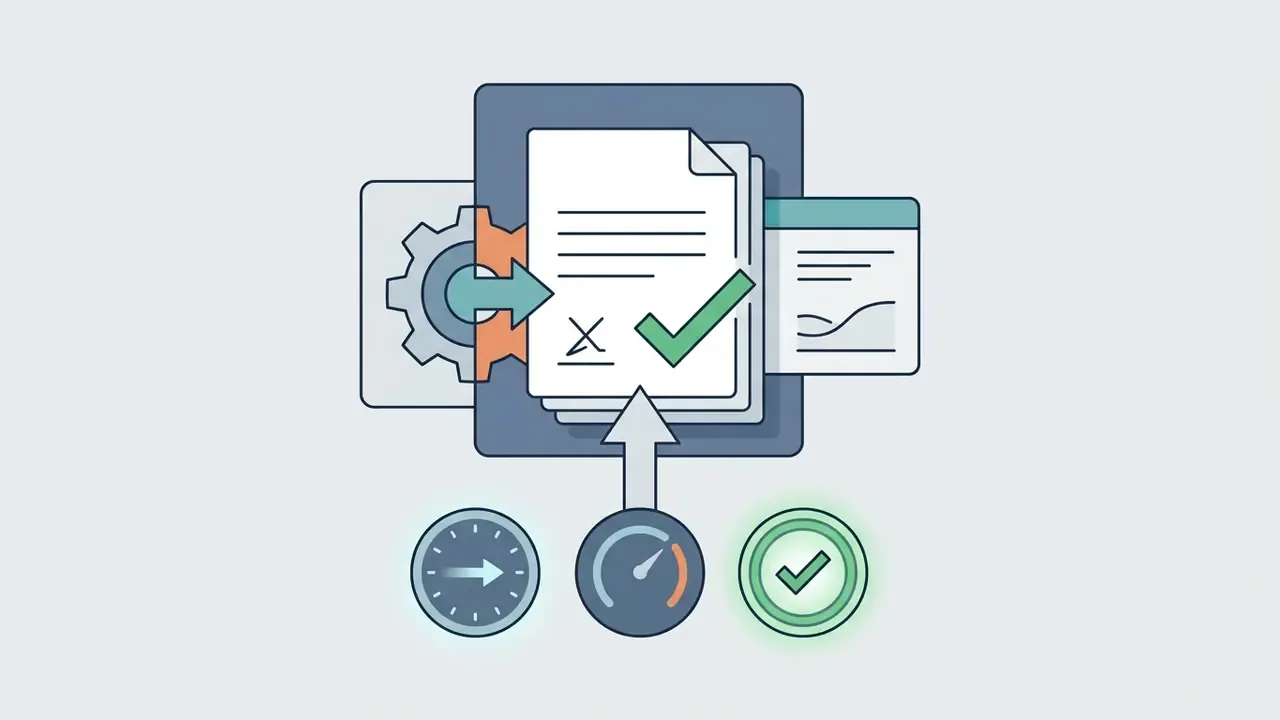 Gear and gauge icons feeding into a signed document with a green checkmark