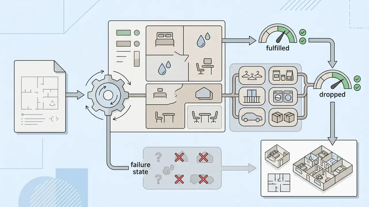 Flowchart showing how room requirements are processed, fulfilled, or dropped during design generation